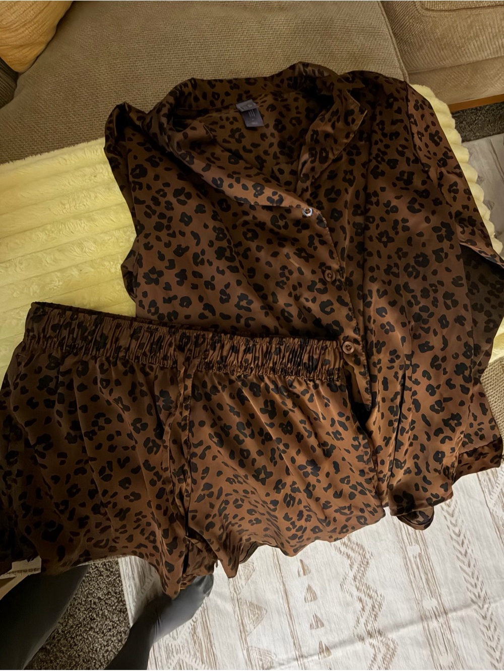 Auden Brown Leopard Satin Two-Piece Pajama Set